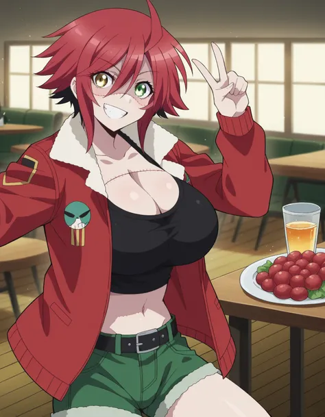  score_9,  score_8_high,  score_7_high, Those_Anime-Series, Zombina ,   short hair,  huge breasts,   green eyes,   yellow eyes, ahoge,  red hair top, Heterochromie, stitches,  zombie,  rag rug skin, navel, cleavage, Jacket, Shorts,  belly button, belt, ope...