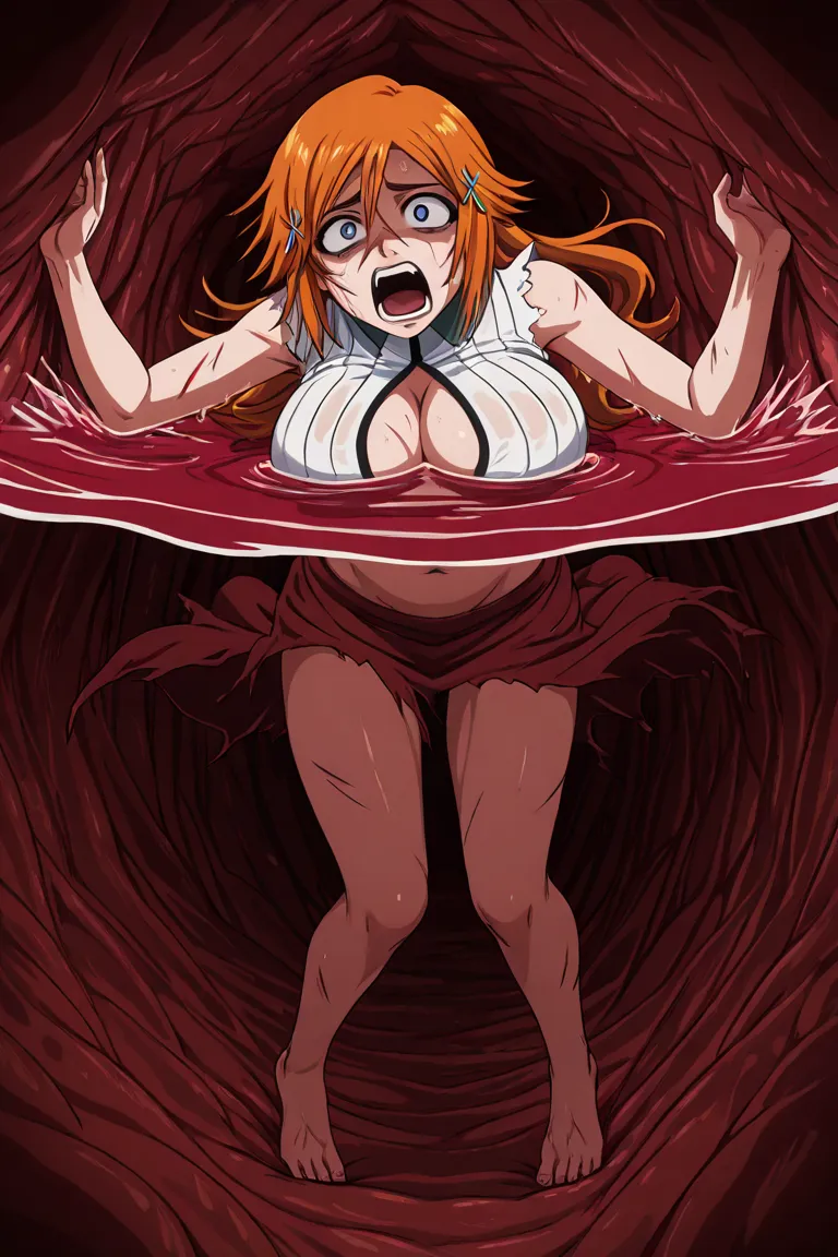 1girl, solo, (Orihime, oringe hair, oringe eyes, hair between eyes, long hair, ),, obra maestra, mejor calidad, alta resolución, 8k,, inside a stomach, stomach interior, ácido gástrico, deep red water, scared face, full body shot, wet, wide open mouth, scr...