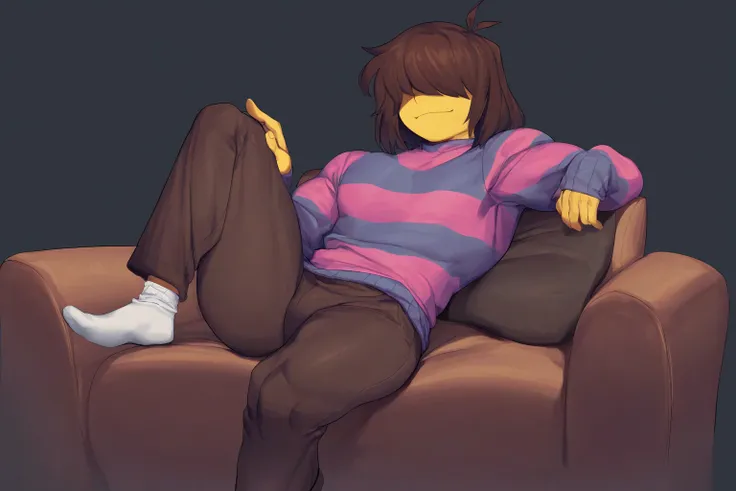 masterpiece, best quality, good quality, absurdres, highres, solo, kris (deltarune), undertale (series), human, male, yellow skin, brown hair, hair over eyes, smug, muscular, big muscles, thick thighs, clothing, clothed, sweater, striped sweater, pants, so...