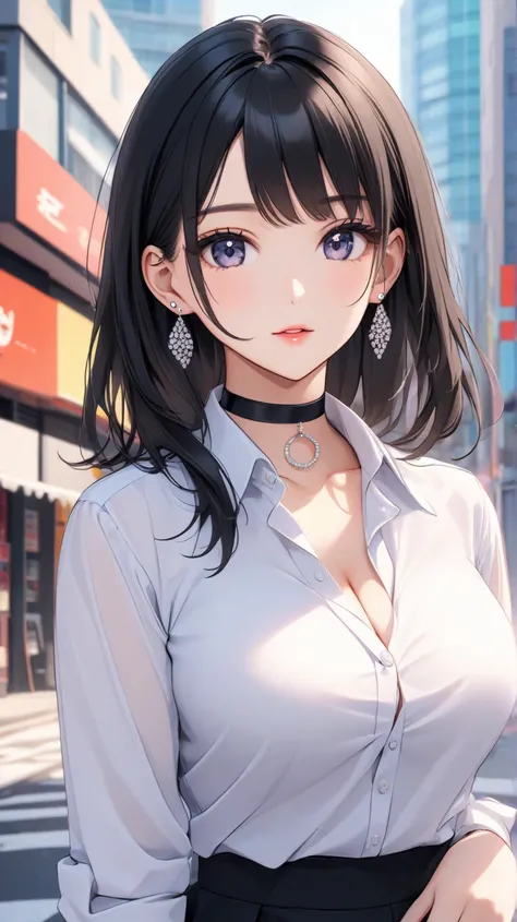  top quality,  amazing_delicate,  super precise,  beautiful, 8k ,  1 girl,   black hair,  business shirt ,  earrings,  choker, Outdoors,  bright, Round boobs, Pop style