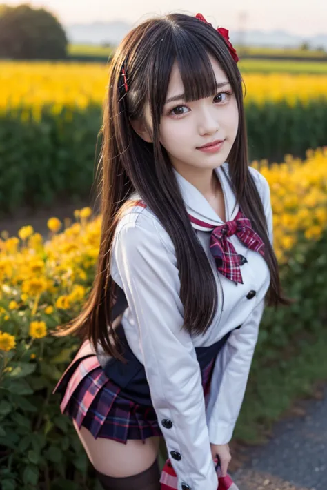  idol ,  long hair , black hair,   straight hair  , round face ,  Bust Up ,   sailor suit ,  miniskirt, garter, black stockings, As shown in the picture  ,  ((smile))、  RAW Photo、(((  The ultimate portrait masterpiece  )))、((   Looks like  ))、  girl、、  Jap...