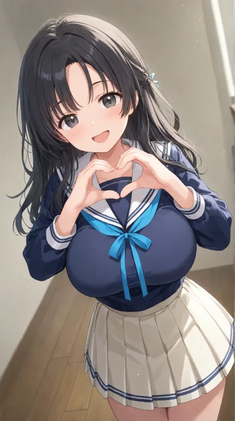    girl,   Big Breasts,    、  morning、 sailor suit、 pleated skirt、School、 long hair,   black hair , bangs,    ,  smile,  ,  smiles,   , （One girl 1.2）, ,  open your mouth, （ blue ribbon）、Heart in hands