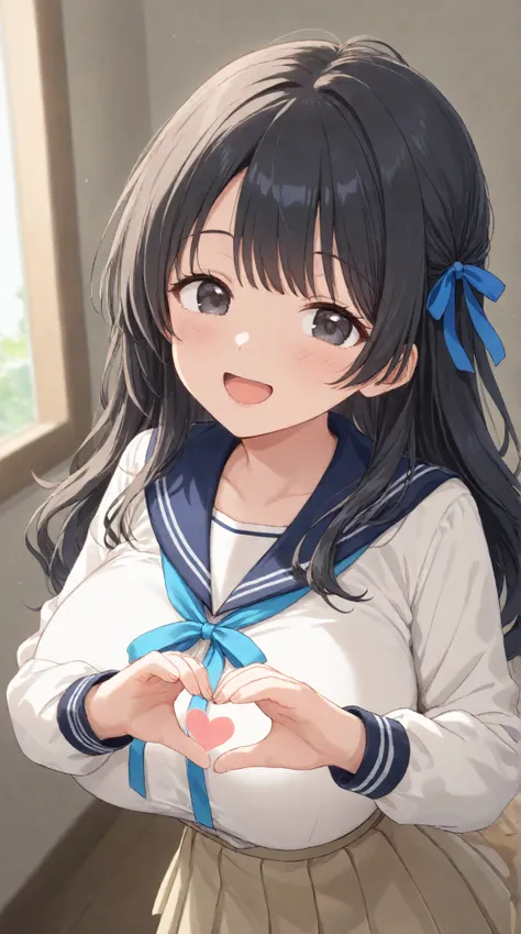    girl,   Big Breasts,    、  morning、 sailor suit、 pleated skirt、School、 long hair,   black hair , bangs,    ,  smile,  ,  smiles,   , （One girl 1.2）, ,  open your mouth, （ blue ribbon）、Heart in hands