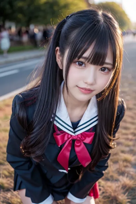  idol ,  long hair , black hair,   straight hair  , round face ,  Bust Up ,   sailor suit ,  miniskirt, garter, black stockings, As shown in the picture  ,  ((smile))、  RAW Photo、(((  The ultimate portrait masterpiece  )))、((   Looks like  ))、  girl、、  Jap...