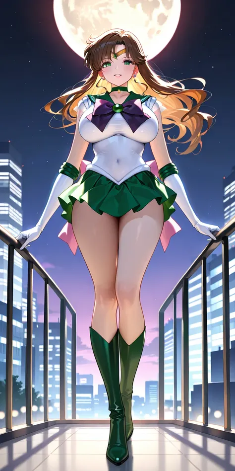 Masterpiece, elegant mature woman, sailor jupiter\(sailor jupiter\), tall body, big breast, sailor senshi uniform (sailor senshi uniform shirt, sailor senshi uniform gauntlets, sailor senshi uniform skirt, sailor senshi uniform high boots), full body, part...