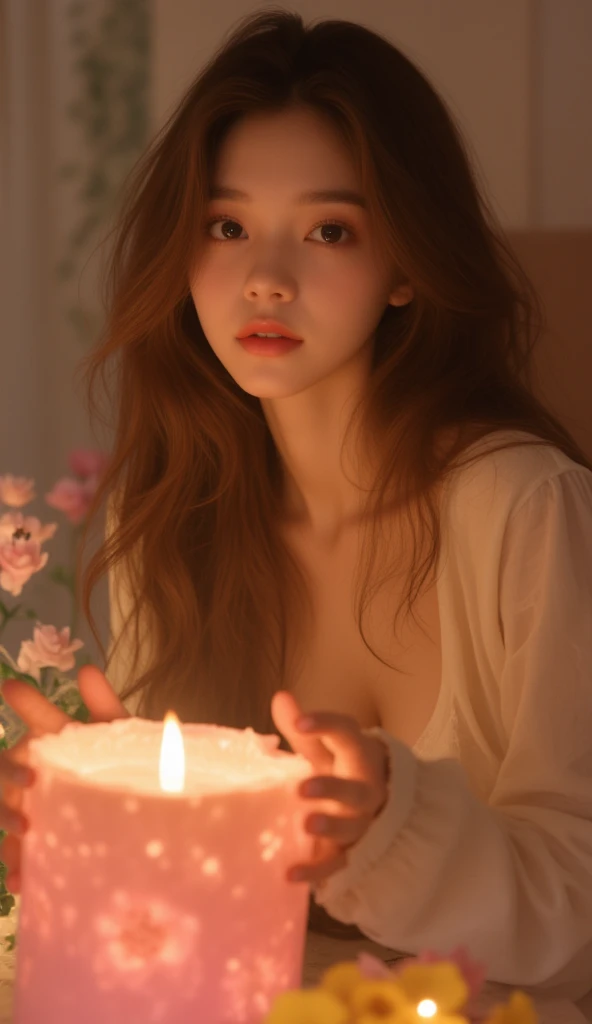 32k, Masterpiece, top quality, ((woman)) long brown hair, fair skin, large eyes, rosy cheeks, gentle expression, light-colored top, simple design, relaxed pose, hands near candles, pink floral candle, smaller candle, soft lighting, warm atmosphere, small p...