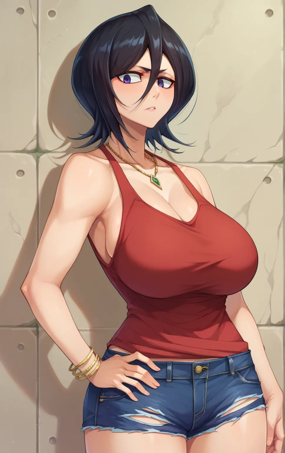 score_9, score_8_up, score_7_up, score_9,  BREAK   rukiaSDXL, 1girl, solo, short hair,  shirt, black hair, hair between eyes, bare shoulders, jewelry, shorts, necklace, purple eyes, bracelet, hand on hip, torn clothes, short shorts, denim, casual, denim sh...