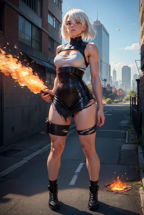 girl with white hair, sexy forte , Full-body firefighter's clothing, powerful, city landscape, brilliance,  outfit from the anime Fire Force , Incredible eyes ,  torn clothes, fly away,  embarrassed,  shy, fragile, softness, Delicacy,  shimmering