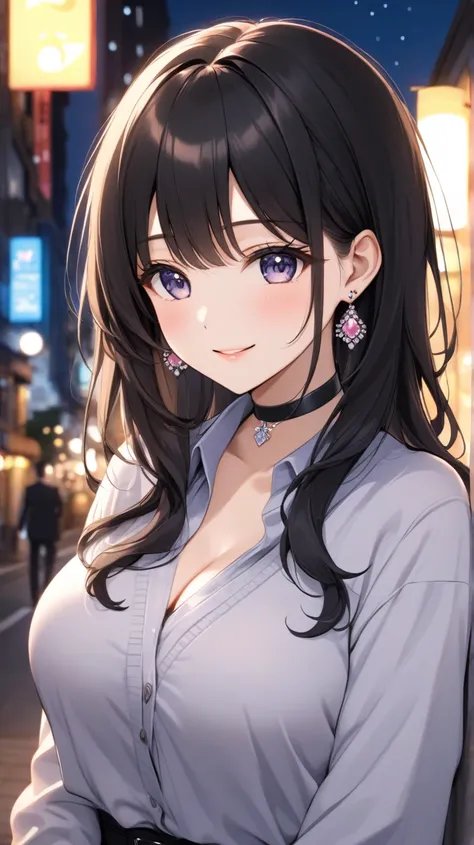  top quality,  amazing_delicate,  super precise,  beautiful, 8k ,  1 girl,   black hair,  business shirt ,  earrings,  choker, Outdoors,  bright, Round boobs, Pop style, Meeting for an affair at night, Sweetness and healing suitable for an affair partner:1...