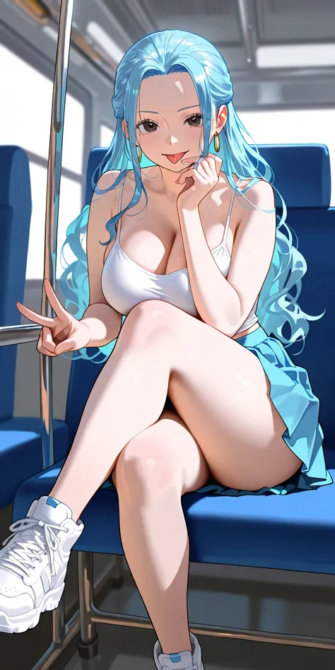 Masterpiece, newest, vibrant, very aesthetic, high contrast, mature woman, nefertari vivi\(one piece\), white color spaghetti strap top, light blue color pleated mini skirt, white sneakers, full body, gesture V on hand, sticking her tongue out, parted lips...