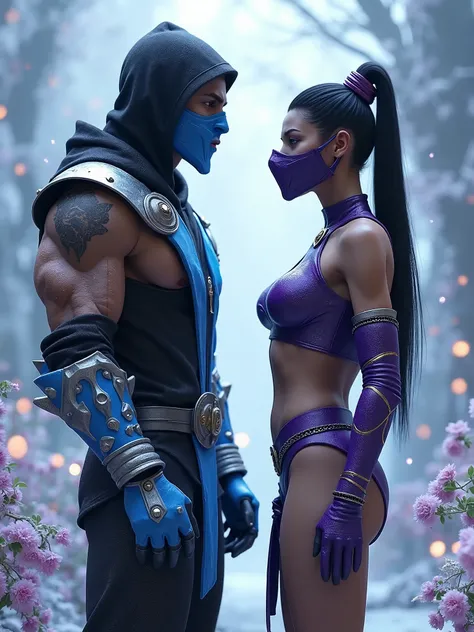 **Sub-Zero** and **Mileena**, both from *Mortal Kombat*, share a moment of peace and harmony in a calm and surreal environment. Sub-Zero sports his iconic blue and black ninja suit with ice armor and metal shoulder pads that reflect his icy power, maintain...