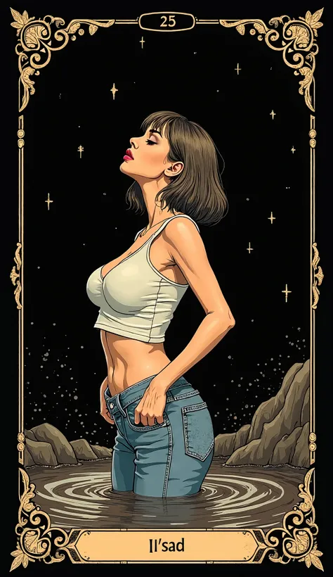   Masterpiece  , macabre line graphics ,  orgasm,  is drowning in a tiny mud bog, mature aged mom  ,   cropped top ,  levis jeans on the back  , straight haircut,   turns around,  black background, tarot frame, bold mascara, antique vivid colors