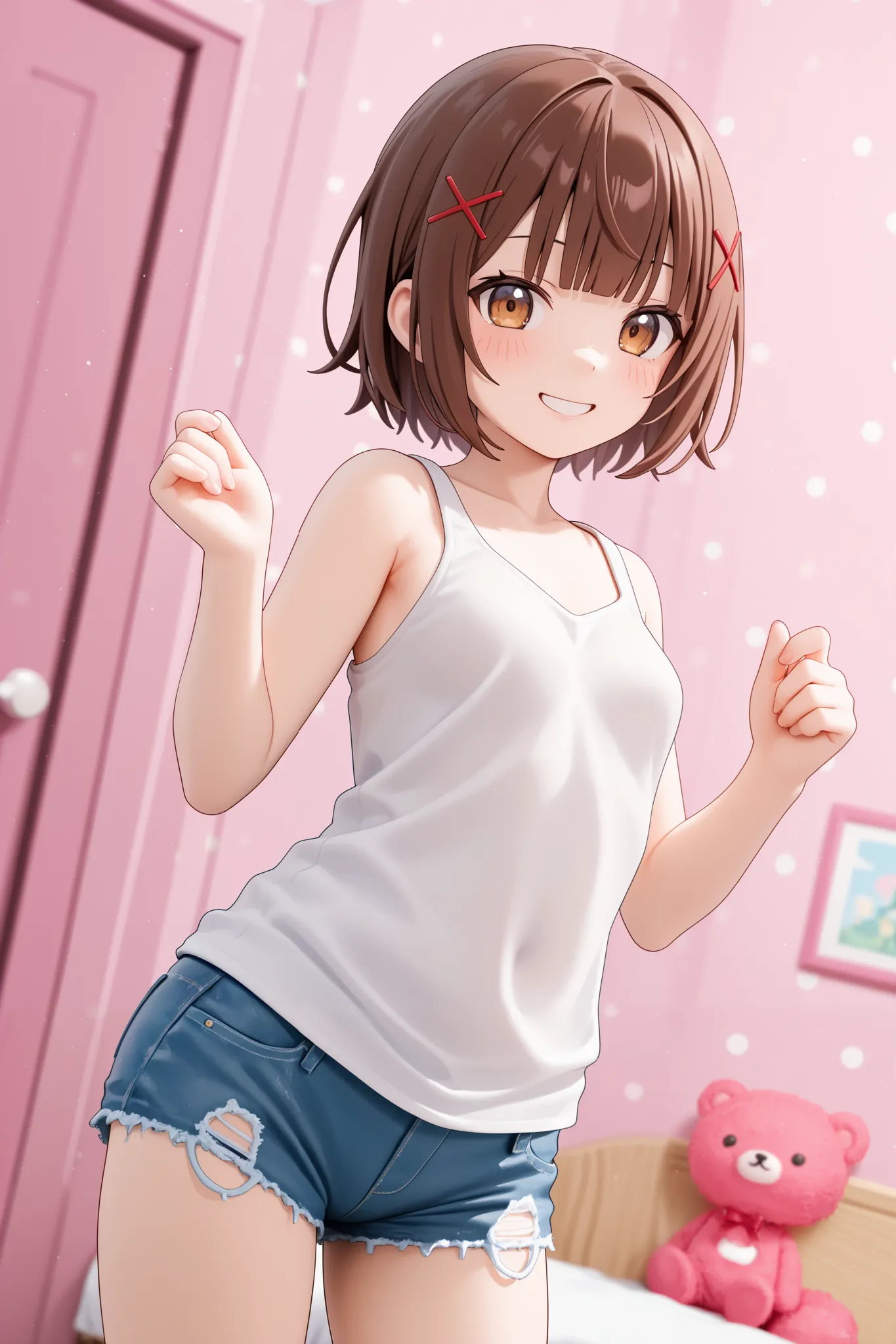 1girl, small breasts, imouto, short hair, straight bangs, brown hair, brown eyes, red x hair ornament, cute bedroom, pink walls, kawaii bedroom, wearing denim shorts, white tank top with yellow dots, smiling 