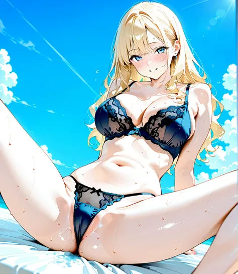 (8k, best quality, masterpiece,ultra-detailed:1.2),Pornographic images、anime、high school girl、high school girl、F cup breasts,Blonde, wavy hair,Spread your legs、A lot of love juice、Panties are wet with love juice、sexy bra、Sexy panties、Bra with lace、Panties ...