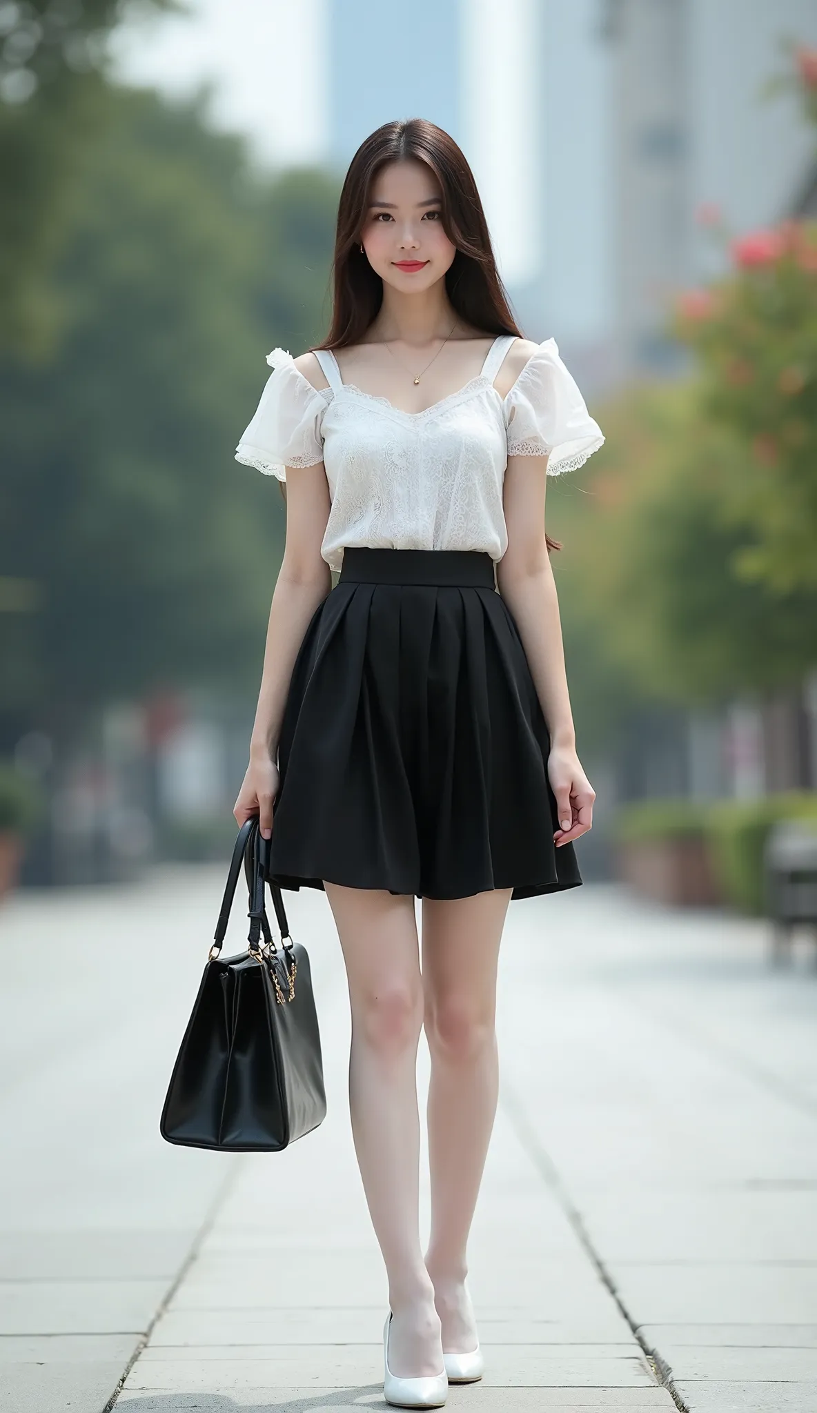 Best Quality, (Realistic Detailed), 16K, Ultra High Definition, High Resolution, Gentle Focus, Elegant, Full Body Portrait, (An Asian pretty woman who is standing in the square), long straigt hair, black, beautiful, smooth, light pale white skin, perfect b...