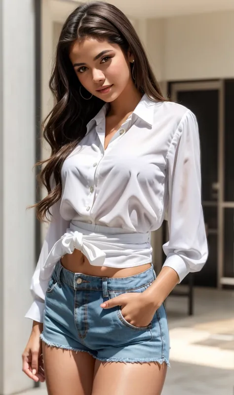 woman in a ((( White blouse))) dress and blue shorts posing for a photo, linda barriga,  2 modelo feminino de 4 anos , waist - shot,  fit delicate figure ,  pulls up from the middle of the waist, Instagram Template, mid-body shot,   hottie, suitable photo,...