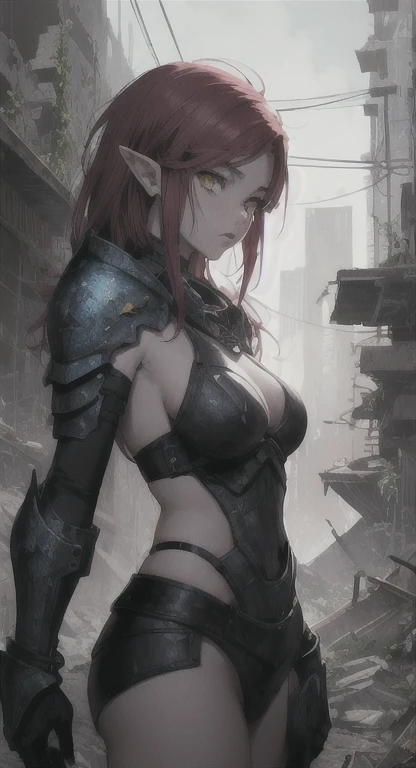 Lost era, Prehistoric Hylian, Knight princess, Rionyx, red hair, yellow eyes, looking at viewer, long messy hair, lore accurate, prehistoric armor, cyberpunk City ruins,