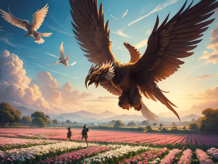 Top quality oil painting of Garuda with bird head and human body flying in the sky overlooking the jasmine flower field