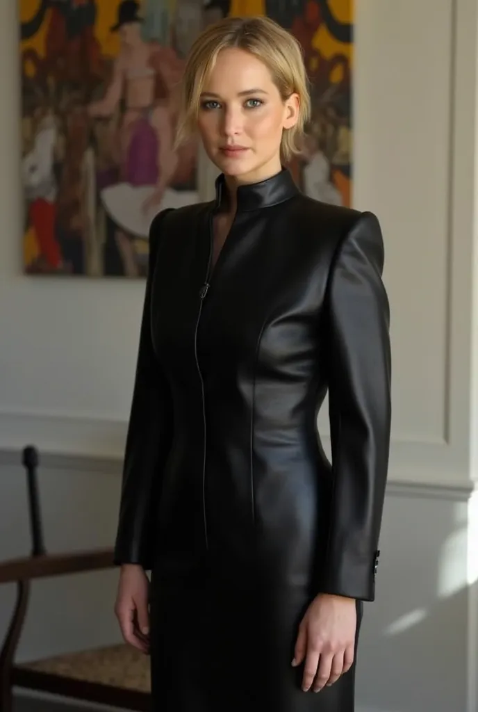 soft hair ,  black leather dress ,  black leather dress , sleeveless , Stand collar stand up pose,  balanced exposure ,  Indoor environment ,  Focus strongly on the subject ,  minimal shadows ,  natural light coming from the right {x} Natural light coming ...