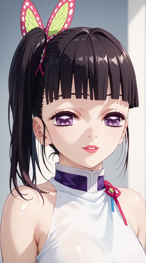 (UHD, retina, masterpiece, accurate, anatomically correct, super detail, high details,  highres, 1080P, 16k、high detail RAW color art:1.3)、 (Tsuyuri Kanao:1.3)、 side　Ponyterre、dark hair、purple eyes、(Shiny skin:1.3)