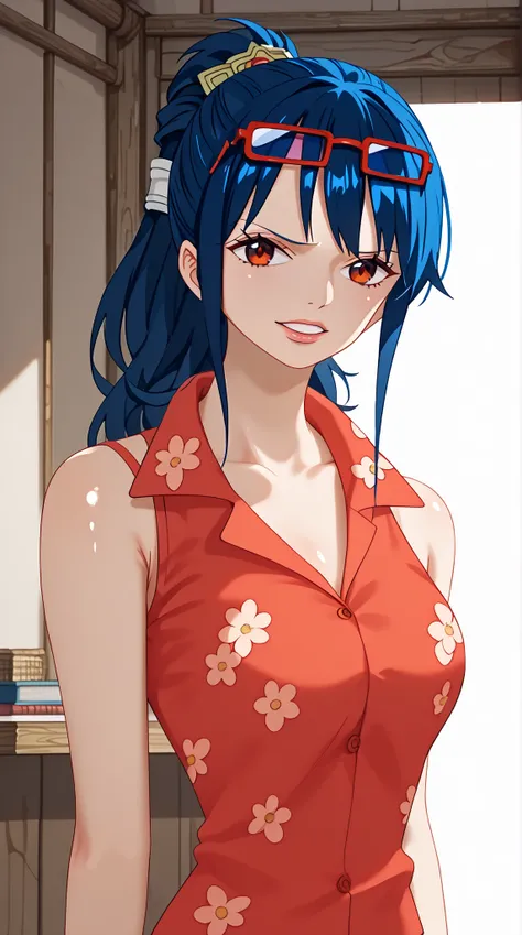 (UHD, retina, masterpiece, accurate, anatomically correct, super detail, high details,  highres, 1080P, 16k、high detail RAW color art:1.3)、 (Tashigi:1.3)、 (red　Eye wear on head、long hair、dark　blue　hair、ponytail、bangs:1.3)、(Shiny skin:1.3)