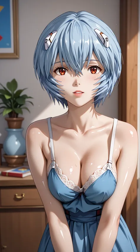 (UHD, retina, masterpiece, accurate, anatomically correct, super detail, high details,  highres, 1080P, 16k、high detail RAW color art:1.3)、 (Ayanami Rei:1.3)、short hair、light blue hair、(Shiny skin:1.3)