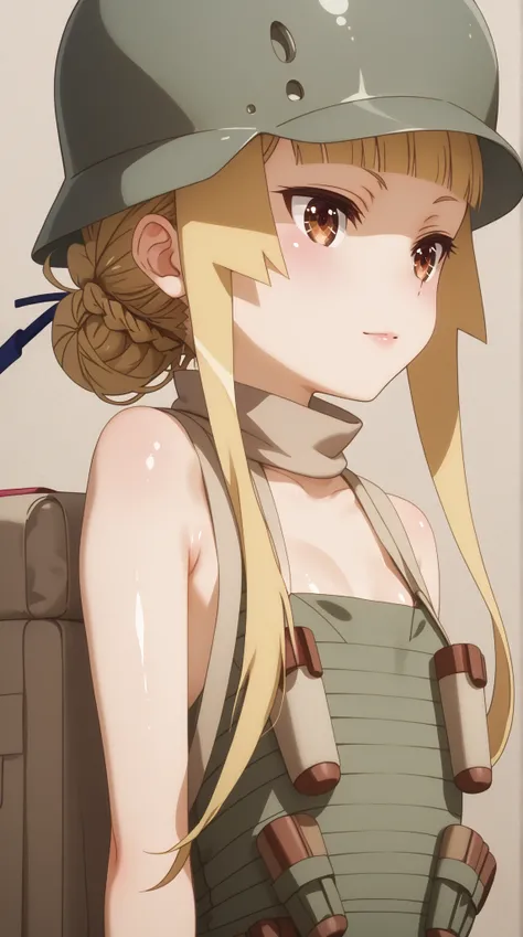 (UHD, retina, masterpiece, accurate, anatomically correct, super detail, high details,  highres, 1080P, 16k、high detail RAW color art:1.3)、 (fukaziroh :1.3), blonde hair, brown eyes, braid, hair bun, single hair bun, helmet、(very flat chest:1.5)、(Shiny ski...