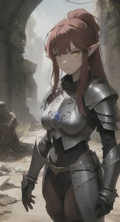 Lost era, Prehistoric Hylian, Knight princess, Rionyx, red hair, yellow eyes, looking at viewer, long messy hair, lore accurate, prehistoric armor, subway ruins,