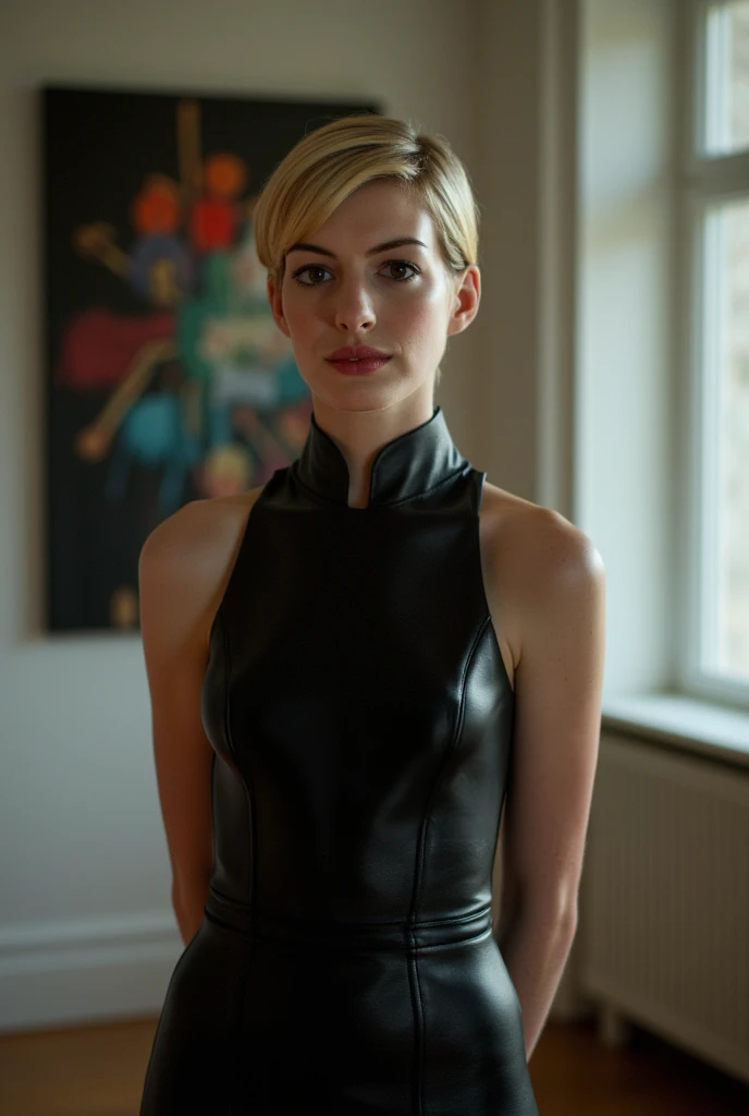 soft hair ,  black leather dress ,  black leather dress , sleeveless , Stand collar stand up pose,  balanced exposure ,  Indoor environment ,  Focus strongly on the subject ,  minimal shadows ,  natural light coming from the right {x} Natural light coming ...