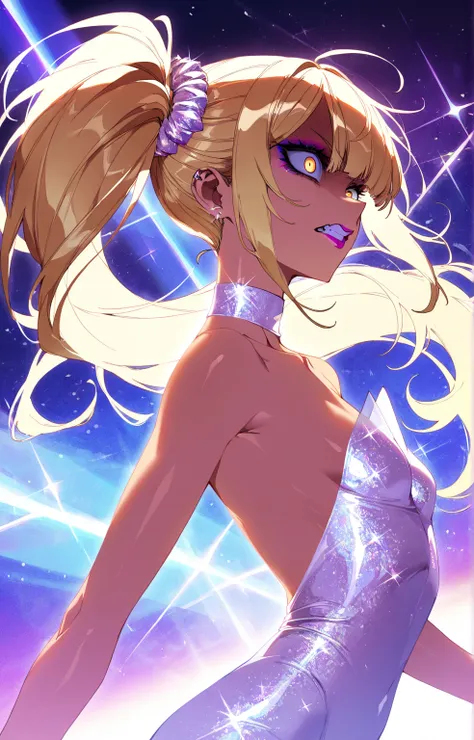 (sfw:1.5), makeup gyaru, cool beauty, solo girl, light skin, bee_wing, glitter white costume, extreme figure_skating, gold hair, high side ponytail, slender, small breast, serious, crazy eyes, clenched teeth, parted lips, from side,