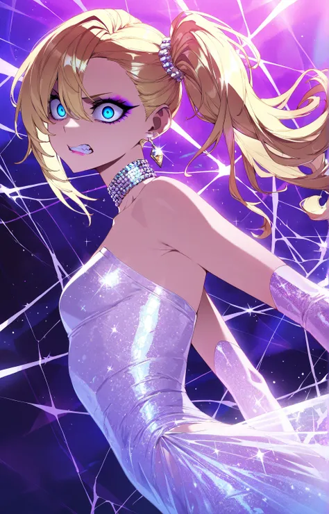 (sfw:1.5), makeup gyaru, cool beauty, solo girl, light skin, bee_wing, glitter white costume, extreme figure_skating, gold hair, high side ponytail, slender, small breast, serious, crazy eyes, clenched teeth, parted lips, from side,