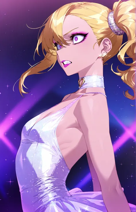 (sfw:1.5), makeup gyaru, cool beauty, solo girl, light skin, bee_wing, glitter white costume, extreme figure_skating, gold hair, high side ponytail, slender, small breast, serious, crazy eyes, clenched teeth, parted lips, from side,