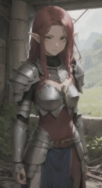 Lost era, Prehistoric Hylian, Knight princess, Rionyx, red hair, yellow eyes, looking at viewer, long messy hair, lore accurate, prehistoric armor, train ruins,