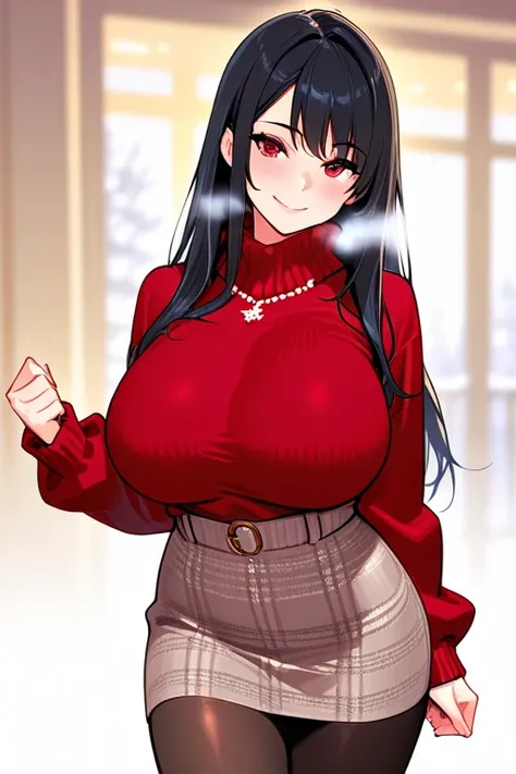 8k,masterpiece, best quality, ultra detailed, high resolution, super fine illustration, 1girl, solo, smile,red eyes, black hair, long hair, huge breasts, winter fashion outfit, sweater, skirt, pantyhose,white breath, cowboy shot, looking at viewer,