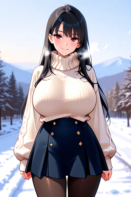 8k,masterpiece, best quality, ultra detailed, high resolution, super fine illustration, 1girl, solo, smile,red eyes, black hair, long hair, huge breasts, winter fashion outfit, sweater, skirt, pantyhose,white breath, cowboy shot, looking at viewer,