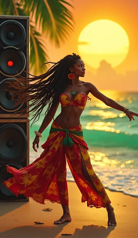 A Jamaican girl with dreadlocks and reggae-colored clothing dancing in front of a huge sound system, outdoors with a beach and a huge sun in the background.