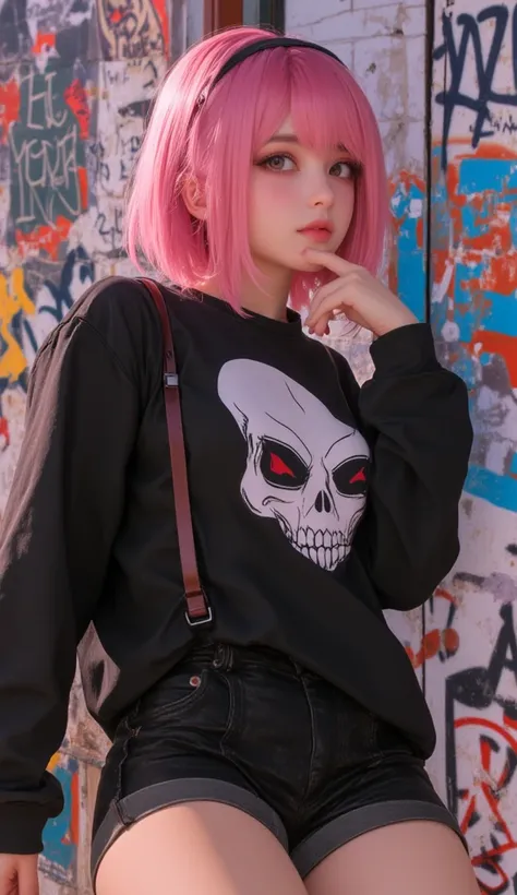 32k, Masterpiece, top quality, ((woman)) Anime-style, short, pink, hair, black, oversized, sweatshirt, skull, graphic, Japanese, characters, shorts, suspenders, fair, skin, light-colored, eyes, relaxed, hand, chin, graffiti, wall, colors, tags, urban, sett...