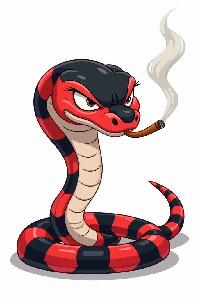 Disney drawing style. A coral snake with a bad face .  with stripes on the body in the colors black white and red in that exact order .  black begins on the head giving sequence to stripes along the body .  important detail is that the color black should n...