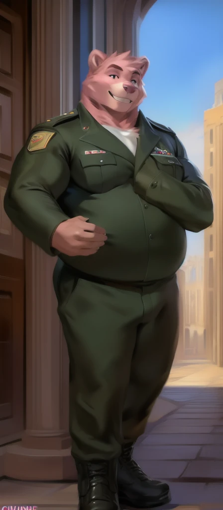  alone, Male tall ,model,  big body,Standing , Den,Pink bear ,   Black Green Military Uniform, Overweight ,  Muscle ,  smiley , by chunie 