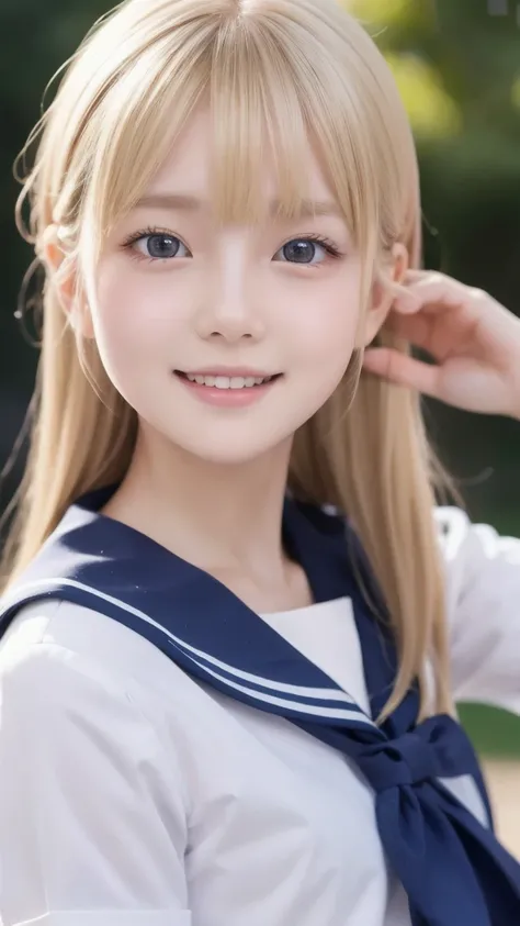  blonde hair,Sailor school uniform, little beautiful girl, slender body,Correct human body, detailed eyes, detailed face, very beautiful face , very cute face, beautiful skin, evenly balanced eyes, droopy eyes , embarrassed smile, highest resolution, top q...