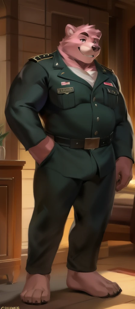  alone, Male tall ,model,  big body,Standing , Den,Pink bear ,   Black Green Military Uniform, Overweight ,  Muscle ,  smiley , by chunie 