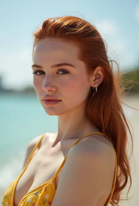  cinematographic photo Half-length portrait of a   ((Young)) in your 25 years with perfect skin, candid,  in the style of Martin Schoeller , awarded,   . 35mm Photography, film ,  Bokeh effect,  Professional, 4K,   neckline, against a backdrop of Miami Bea...