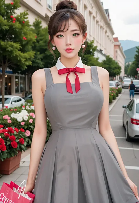 1girl, solo, masterpiece, best quality, blushing, round breasts, facing viewer
soft pink lips, asian girl
pinafore dress, grey dress, red bowtie, shopping bags in her arms, brown hair, hair stylized in a neat top bun, earrings, soft pink lips, green eyes, ...