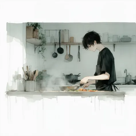 Dark hair 19 years boy,looks anime but its drawing,2d,he's clothes half black long sleeve t-shirt, he is making cook on the Kitchen desk,he is looks from that side,hes look like more more away