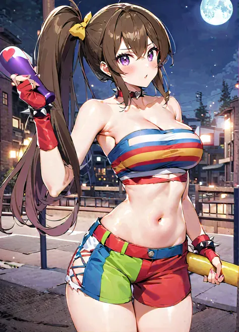 score_9, score_8_up, score_7_up, source_anime, xuangzang sanzang, brown hair, long hair, purple eyes, large breasts, harley quinn cosplay, harley quinn (cosplay), bare shoulders, choker, collarbone, cosplay, fingerless gloves, heart, heart tattoo, jewelry,...