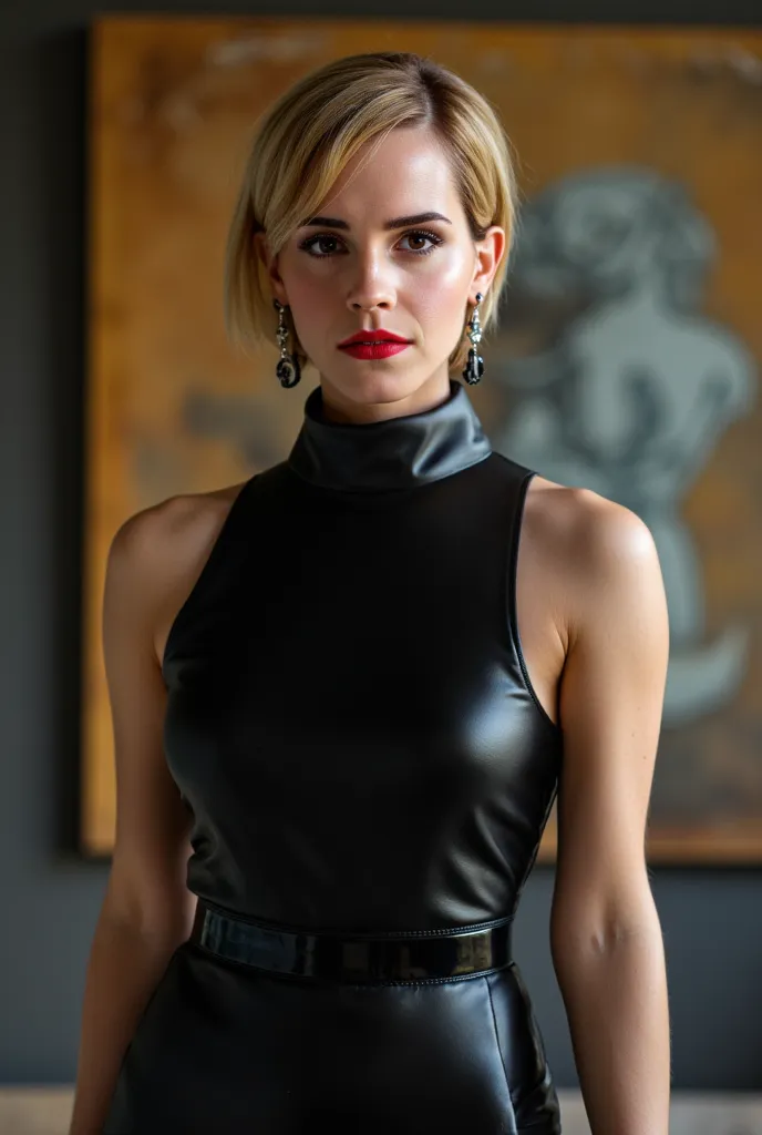 soft hair ,  black leather dress ,  black leather dress , sleeveless , Stand collar stand up pose,  balanced exposure ,  Indoor environment ,  Focus strongly on the subject ,  minimal shadows ,  natural light coming from the right {x} Natural light coming ...