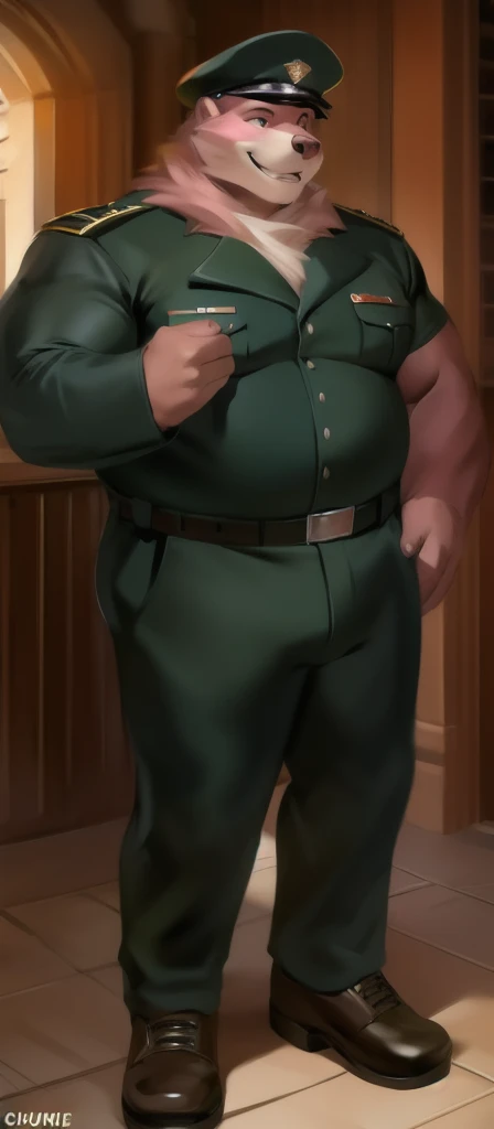  alone, Male tall ,model,  big body,Standing , Den,Pink bear ,   Black Green Military Uniform, Overweight ,  Muscle ,  smiley , by chunie 