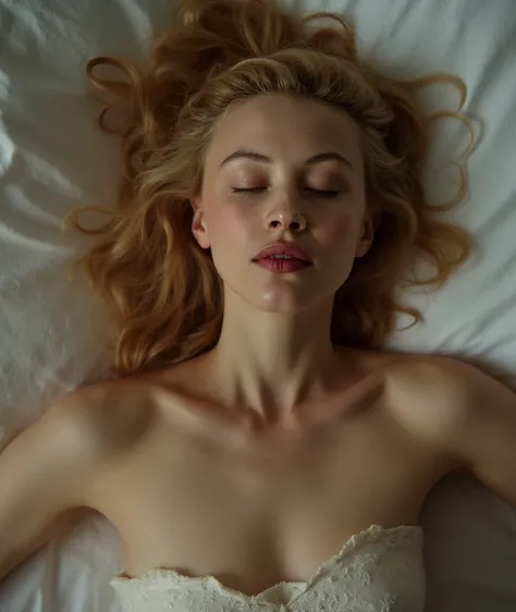 Sarah Gadon, picture from above, lying limp on a bed, topless, naked, sleeping, closed eyes, head tilt, mouth slightly open, loose arms, uncovered, orgasm face