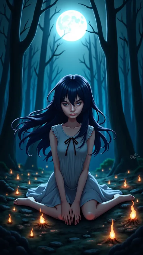 1 Anime Girl, long, very dark blue hair with bangs, des yeux perçants, In the middle of a realistic dark forest with a big moon and a few flames on the ground,