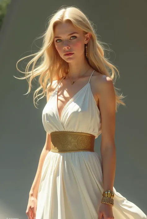 A model with blonde hair, an oval face, and green eyes, wearing a Roman-style dress with a gold belt. The dress is white, and she has a gold bracelet with cat eyes.